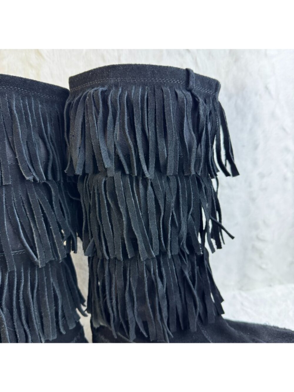 LC Lauren Conrad Thia Black Suede 3 Tier Fringe MidCalf Moccasin Boots Women 6M - Picture 5 of 14